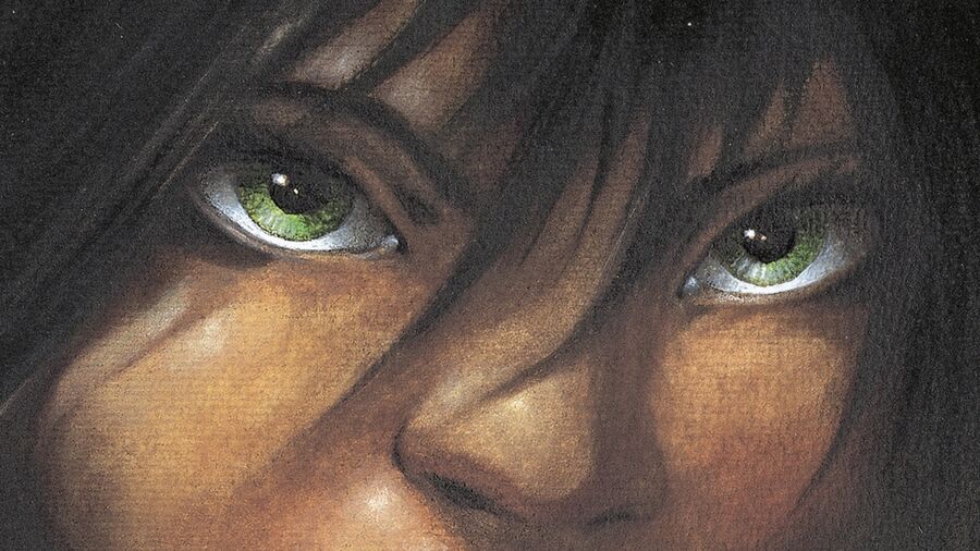 Udsnit af forsiden af "Skammerens datter": grønne øjne omkranset af mørkt hår