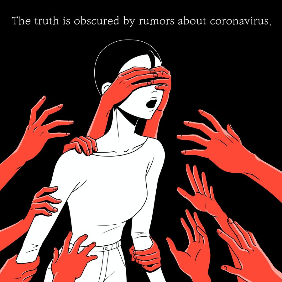 Tegnet illustration fra FN: arme rækker ud efter og holder menneske for øjnene. Tekst i billedet "The truth is obscured by rumors about coronavirus".
